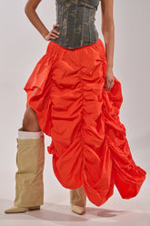 LETS CHANGE IT UP RUCHED MIDI SKIRT IN ORANGE