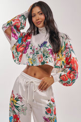 FULL BLOOM SATIN MOCK NECK BLOUSE IN WHITE