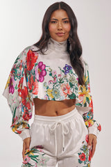 FULL BLOOM SATIN MOCK NECK BLOUSE IN WHITE